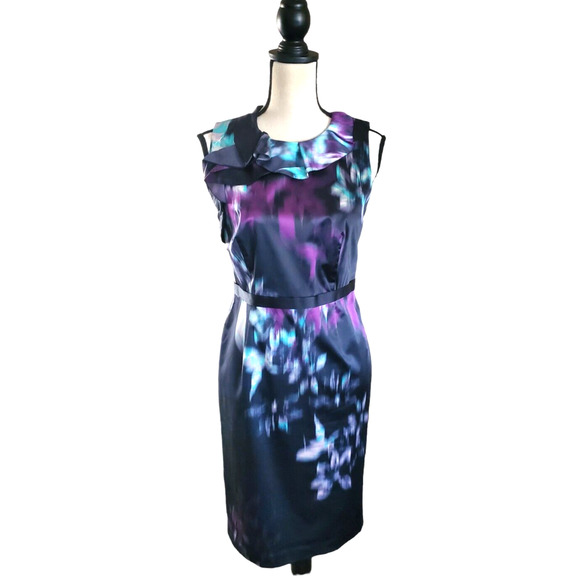 Elie Tahari Dresses & Skirts - Elie Tahari Black & Purple Abstract Print Ruffle Sleeveless Silk Sheath Dress S
